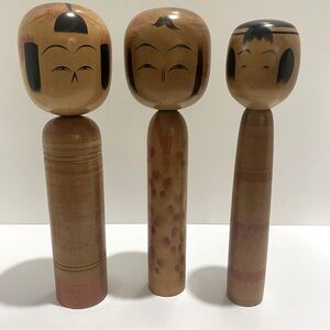 3 Vintage Japanese Kokesi Dolls Family 1950s Large Signed Handcrafted Wood